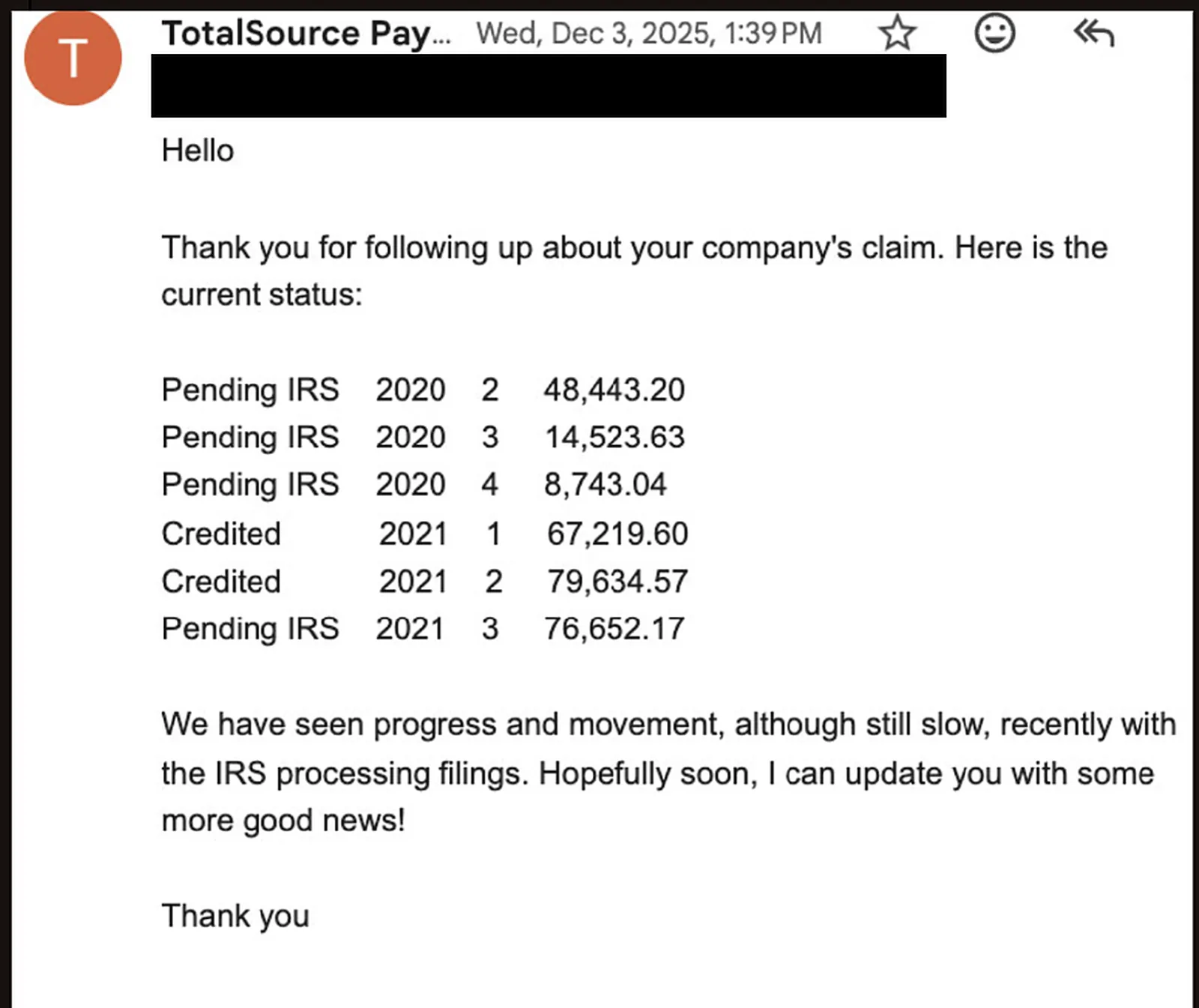A redacted email from a payroll provider listing credited and pending IRS claim amounts across 2020 and 2021.