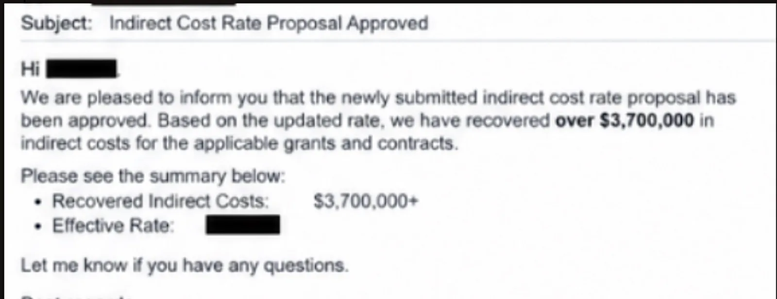 A redacted email approving a revised indirect cost rate proposal, recovering over $3,700,000.